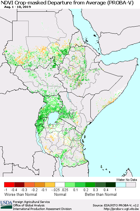 Eastern Africa NDVI Crop-masked Departure from Average (PROBA-V) Thematic Map For 8/1/2019 - 8/10/2019