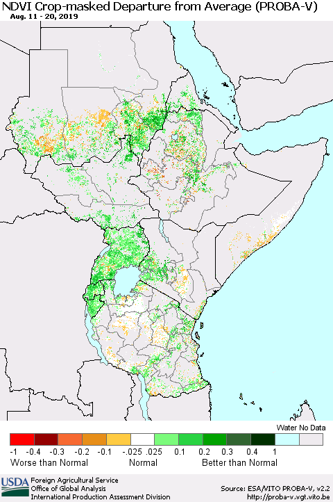 Eastern Africa NDVI Crop-masked Departure from Average (PROBA-V) Thematic Map For 8/11/2019 - 8/20/2019