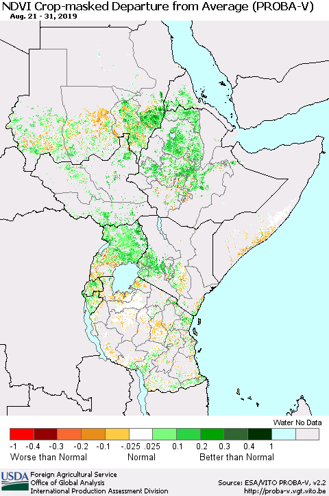 Eastern Africa NDVI Crop-masked Departure from Average (PROBA-V) Thematic Map For 8/21/2019 - 8/31/2019