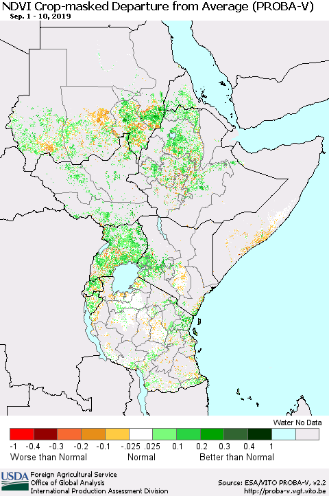 Eastern Africa NDVI Crop-masked Departure from Average (PROBA-V) Thematic Map For 9/1/2019 - 9/10/2019