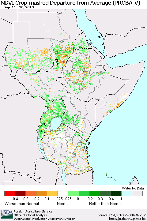 Eastern Africa NDVI Crop-masked Departure from Average (PROBA-V) Thematic Map For 9/11/2019 - 9/20/2019