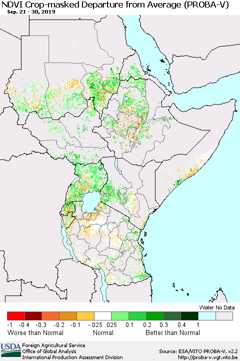 Eastern Africa NDVI Crop-masked Departure from Average (PROBA-V) Thematic Map For 9/21/2019 - 9/30/2019
