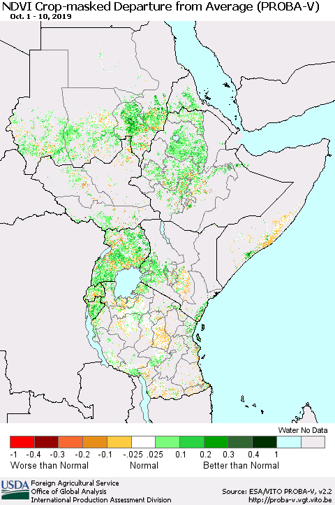 Eastern Africa NDVI Crop-masked Departure from Average (PROBA-V) Thematic Map For 10/1/2019 - 10/10/2019