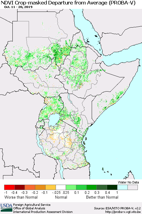 Eastern Africa NDVI Crop-masked Departure from Average (PROBA-V) Thematic Map For 10/11/2019 - 10/20/2019