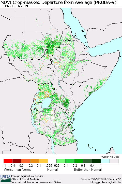 Eastern Africa NDVI Crop-masked Departure from Average (PROBA-V) Thematic Map For 10/21/2019 - 10/31/2019