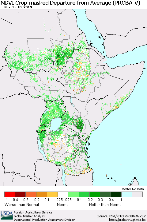 Eastern Africa NDVI Crop-masked Departure from Average (PROBA-V) Thematic Map For 11/1/2019 - 11/10/2019