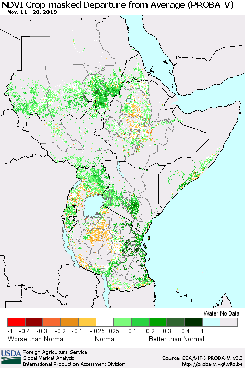 Eastern Africa NDVI Crop-masked Departure from Average (PROBA-V) Thematic Map For 11/11/2019 - 11/20/2019