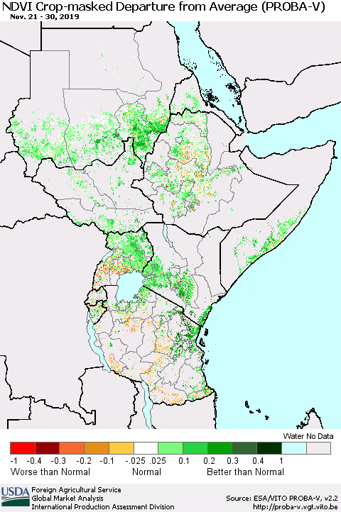 Eastern Africa NDVI Crop-masked Departure from Average (PROBA-V) Thematic Map For 11/21/2019 - 11/30/2019