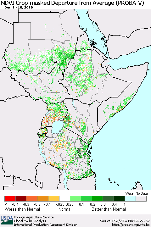 Eastern Africa NDVI Crop-masked Departure from Average (PROBA-V) Thematic Map For 12/1/2019 - 12/10/2019