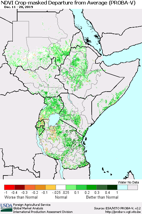 Eastern Africa NDVI Crop-masked Departure from Average (PROBA-V) Thematic Map For 12/11/2019 - 12/20/2019