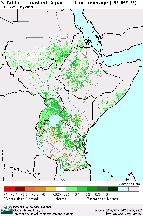 Eastern Africa NDVI Crop-masked Departure from Average (PROBA-V) Thematic Map For 12/21/2019 - 12/31/2019