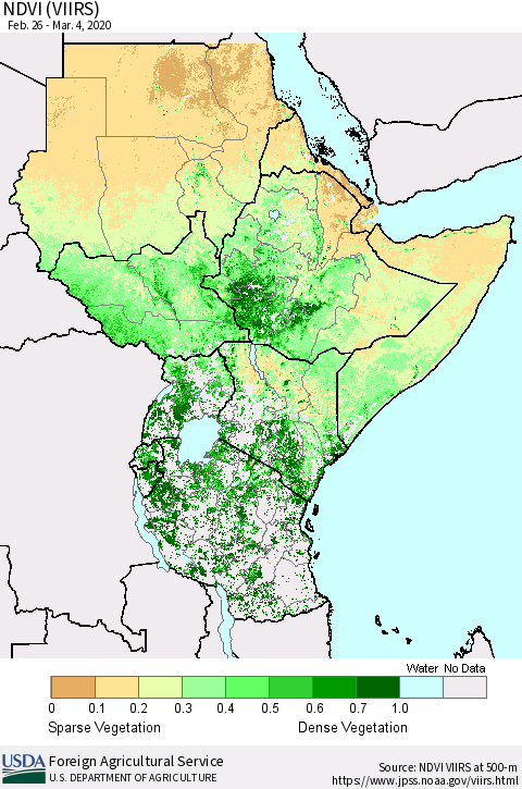 Eastern Africa NDVI (VIIRS) Thematic Map For 3/1/2020 - 3/10/2020