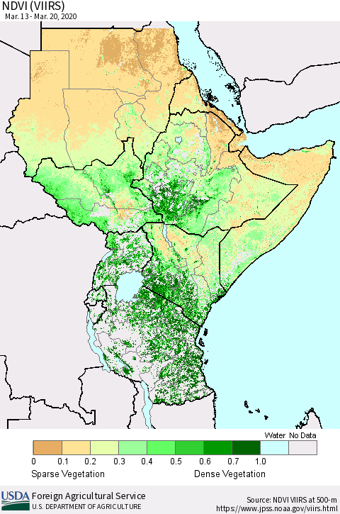 Eastern Africa NDVI (VIIRS) Thematic Map For 3/11/2020 - 3/20/2020