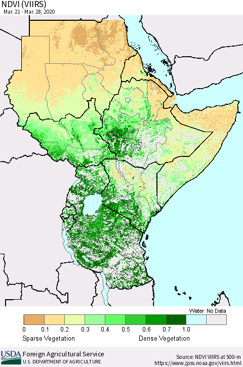 Eastern Africa NDVI (VIIRS) Thematic Map For 3/21/2020 - 3/31/2020
