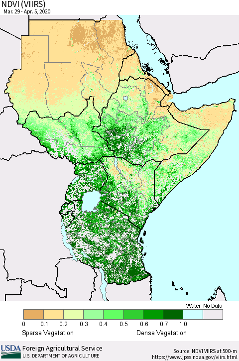Eastern Africa NDVI (VIIRS) Thematic Map For 4/1/2020 - 4/10/2020