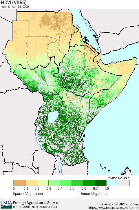 Eastern Africa NDVI (VIIRS) Thematic Map For 4/11/2020 - 4/20/2020
