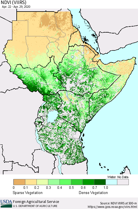 Eastern Africa NDVI (VIIRS) Thematic Map For 4/21/2020 - 4/30/2020