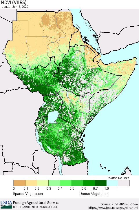 Eastern Africa NDVI (VIIRS) Thematic Map For 6/1/2020 - 6/10/2020