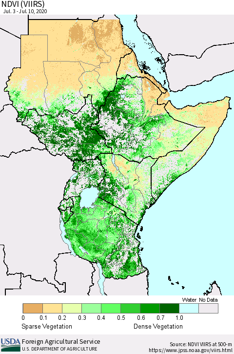 Eastern Africa NDVI (VIIRS) Thematic Map For 7/1/2020 - 7/10/2020