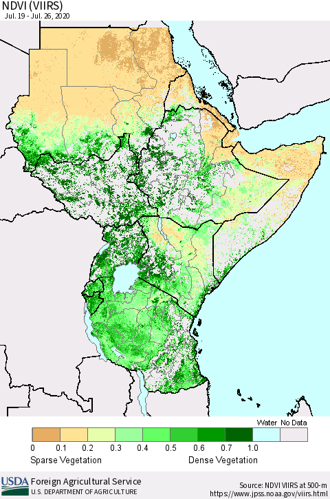 Eastern Africa NDVI (VIIRS) Thematic Map For 7/21/2020 - 7/31/2020