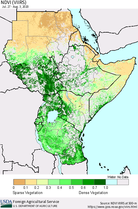 Eastern Africa NDVI (VIIRS) Thematic Map For 8/1/2020 - 8/10/2020