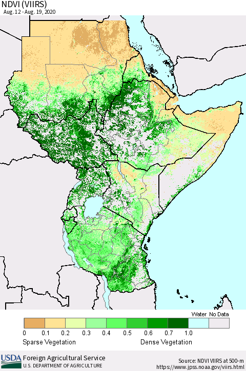 Eastern Africa NDVI (VIIRS) Thematic Map For 8/11/2020 - 8/20/2020