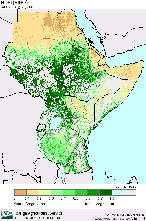 Eastern Africa NDVI (VIIRS) Thematic Map For 8/21/2020 - 8/31/2020