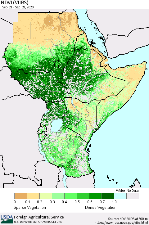 Eastern Africa NDVI (VIIRS) Thematic Map For 9/21/2020 - 9/30/2020