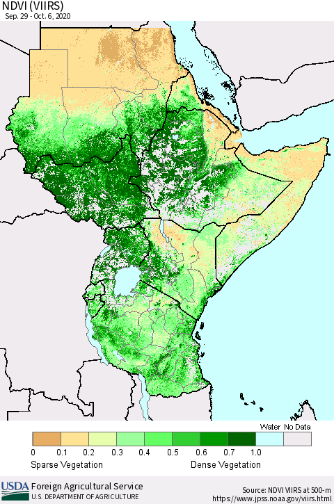 Eastern Africa NDVI (VIIRS) Thematic Map For 10/1/2020 - 10/10/2020