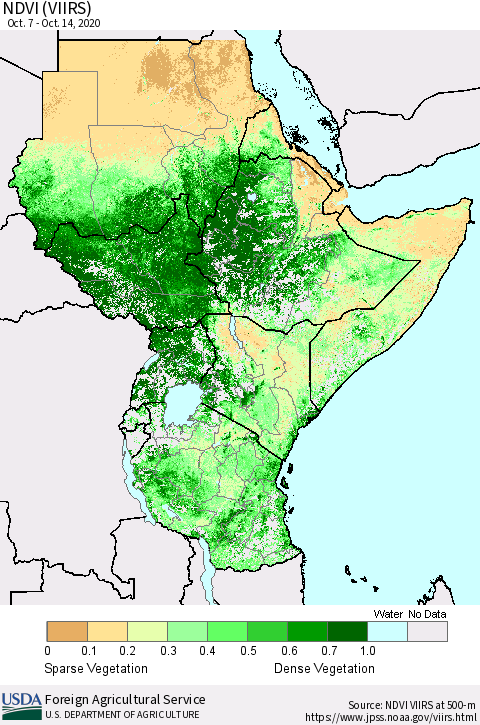 Eastern Africa NDVI (VIIRS) Thematic Map For 10/11/2020 - 10/20/2020
