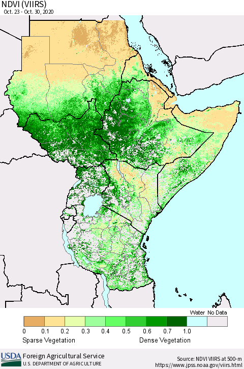 Eastern Africa NDVI (VIIRS) Thematic Map For 10/21/2020 - 10/31/2020