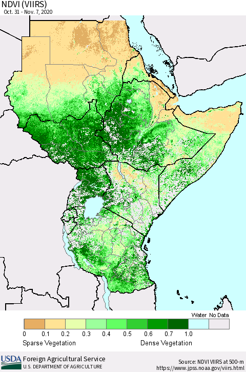 Eastern Africa NDVI (VIIRS) Thematic Map For 11/1/2020 - 11/10/2020