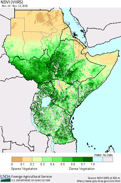 Eastern Africa NDVI (VIIRS) Thematic Map For 11/21/2020 - 11/30/2020