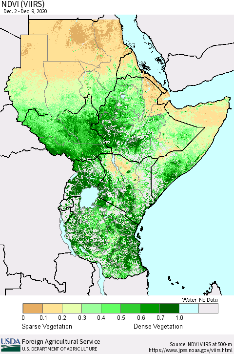 Eastern Africa NDVI (VIIRS) Thematic Map For 12/1/2020 - 12/10/2020