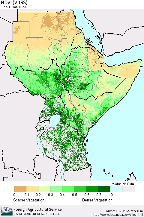 Eastern Africa NDVI (VIIRS) Thematic Map For 1/1/2021 - 1/10/2021