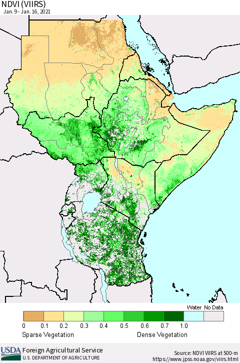 Eastern Africa NDVI (VIIRS) Thematic Map For 1/11/2021 - 1/20/2021