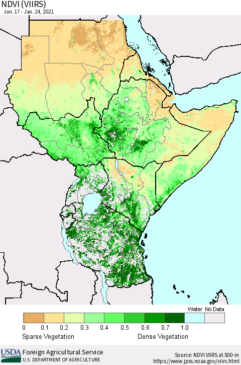 Eastern Africa NDVI (VIIRS) Thematic Map For 1/21/2021 - 1/31/2021