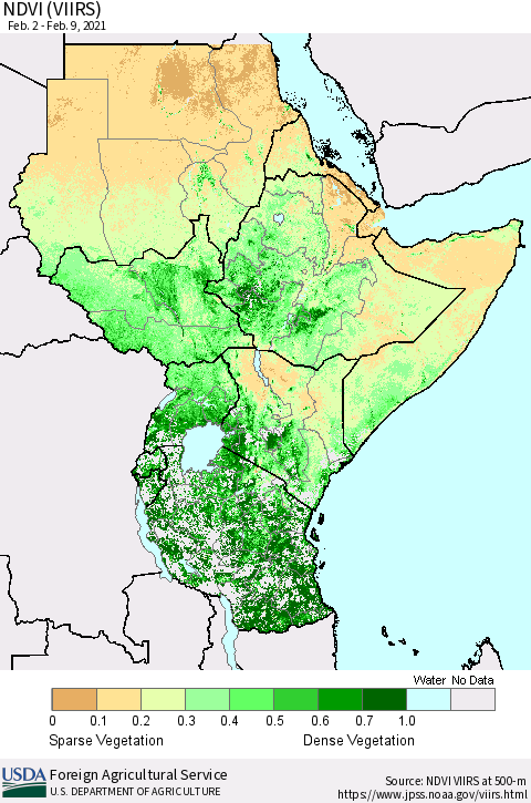 Eastern Africa NDVI (VIIRS) Thematic Map For 2/1/2021 - 2/10/2021