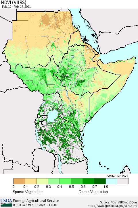 Eastern Africa NDVI (VIIRS) Thematic Map For 2/11/2021 - 2/20/2021