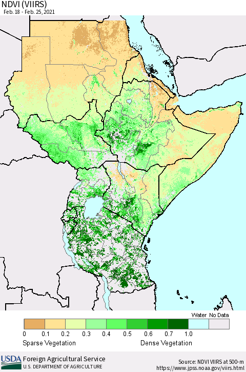 Eastern Africa NDVI (VIIRS) Thematic Map For 2/21/2021 - 2/28/2021