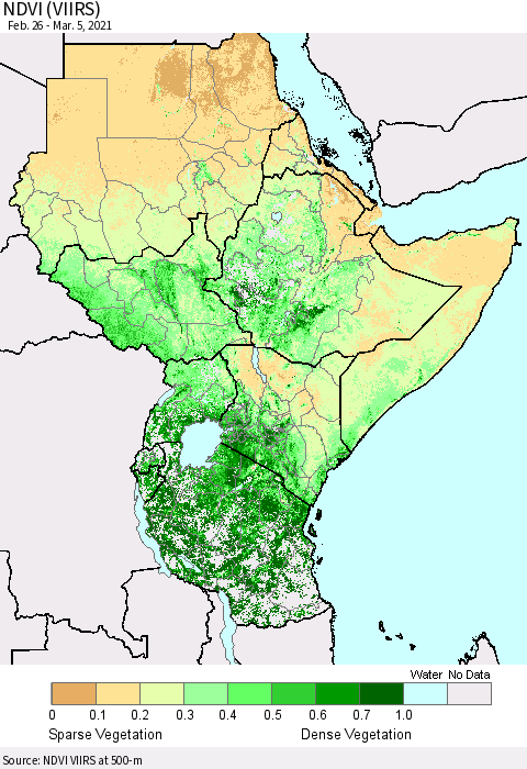 Eastern Africa NDVI (VIIRS) Thematic Map For 2/26/2021 - 3/5/2021