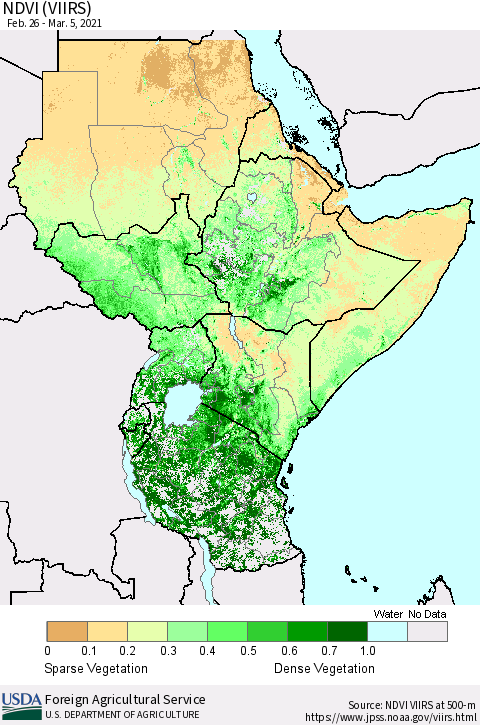 Eastern Africa NDVI (VIIRS) Thematic Map For 3/1/2021 - 3/10/2021