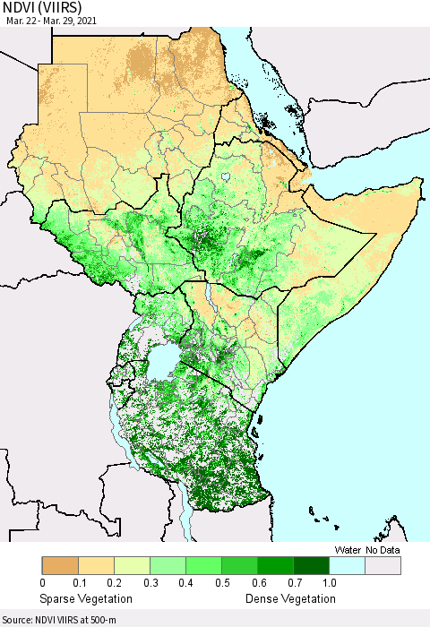 Eastern Africa NDVI (VIIRS) Thematic Map For 3/22/2021 - 3/29/2021