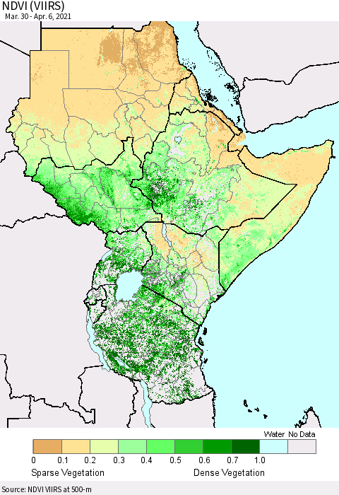 Eastern Africa NDVI (VIIRS) Thematic Map For 3/30/2021 - 4/6/2021
