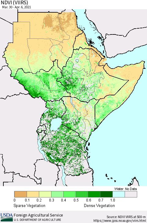 Eastern Africa NDVI (VIIRS) Thematic Map For 4/1/2021 - 4/10/2021