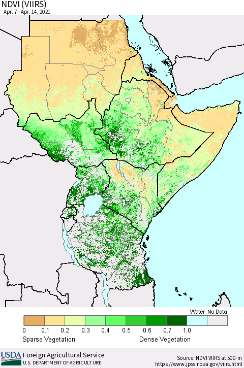 Eastern Africa NDVI (VIIRS) Thematic Map For 4/11/2021 - 4/20/2021