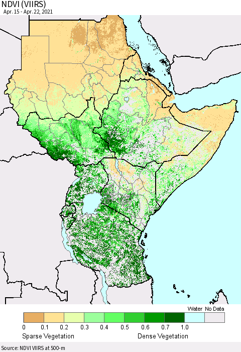 Eastern Africa NDVI (VIIRS) Thematic Map For 4/15/2021 - 4/22/2021