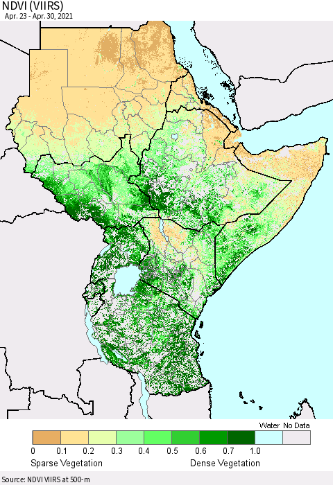 Eastern Africa NDVI (VIIRS) Thematic Map For 4/21/2021 - 4/30/2021