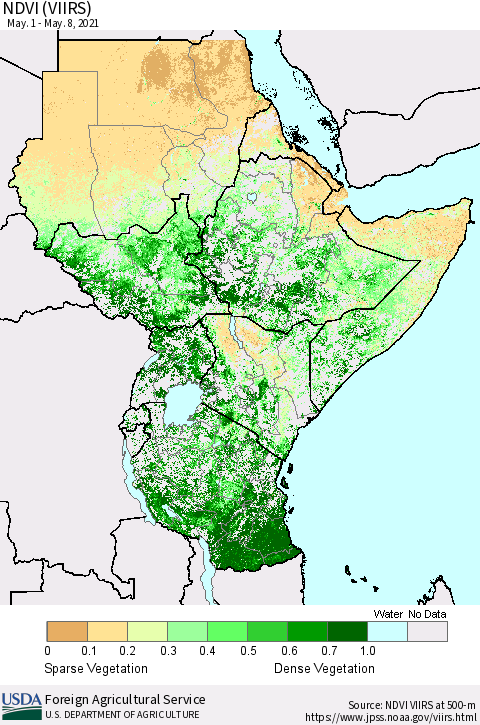 Eastern Africa NDVI (VIIRS) Thematic Map For 5/1/2021 - 5/10/2021