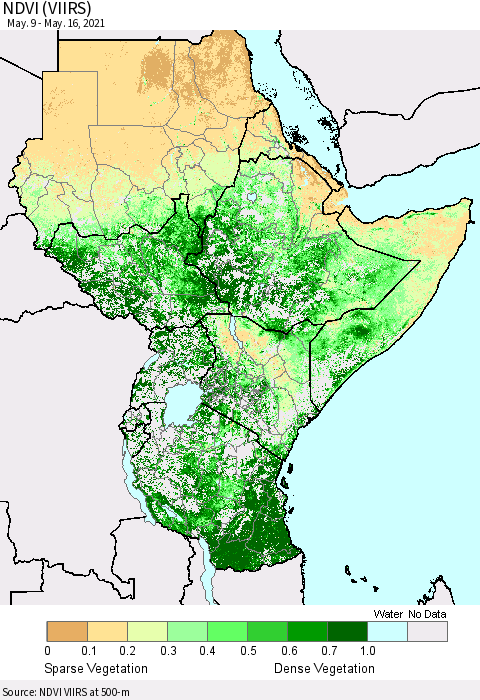 Eastern Africa NDVI (VIIRS) Thematic Map For 5/9/2021 - 5/16/2021